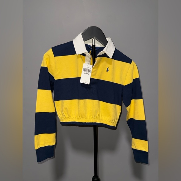 Polo Ralph Lauren Girls Cropped Rugby Shirt Yellow Navy Stripe Size M (8–10) NWT - Picture 6 of 9